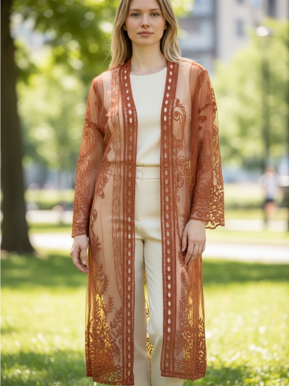 Sheer Rust Lace Duster Cardigan - Long Open Front
